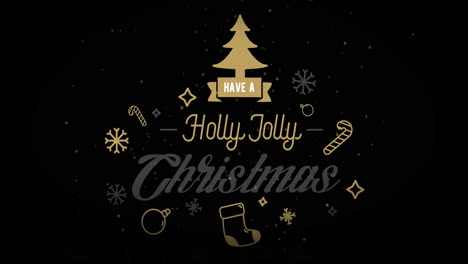 Animation-of-have-a-holly-jolly-christmas-text-with-gold-tree-and-decorations-on-black-background