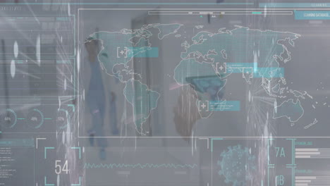 Animation-of-data-processing-with-world-map-over-diverse-doctors-walking-in-hospital
