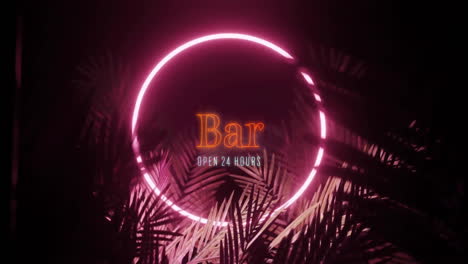 Animation-of-bar-open-24-hours-text-over-neon-frame-and-tropical-leaves-on-black-background