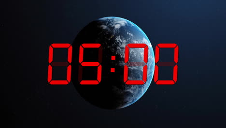 Animation-of-red-digital-timer-changing-with-globe-on-black-background