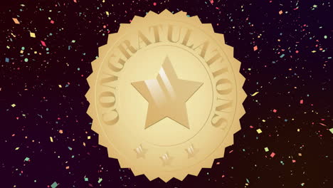 Animation-of-congratulations-text-and-star-on-gold-medal,-with-falling-confetti-on-black-background
