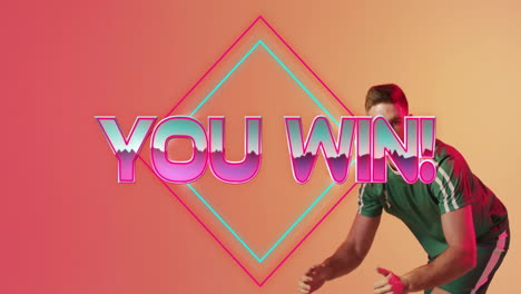 Animation-Von-„You-Win“-Text-über-Neonfarbenem-Muster-Eines-Kaukasischen-Footballspielers