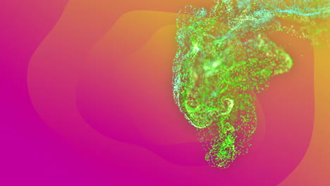 Animation-of-network-of-green-particles-moving-over-shifting-pink-and-orange-background