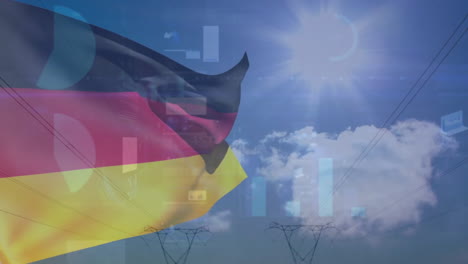 Animation-of-flag-of-germany-over-blue-sky-and-graphs-processing-data