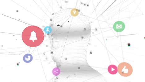 Animation-of-network-of-connections-with-icons-over-human-head-model-on-white-background