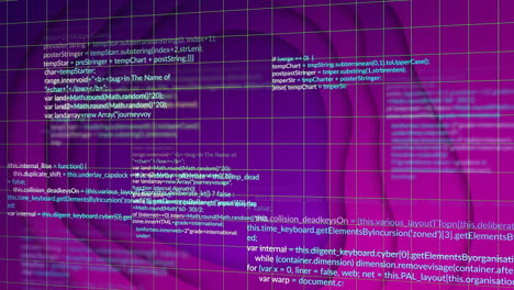 Animation-of-data-processing-over-glowing-grid-on-purple-background