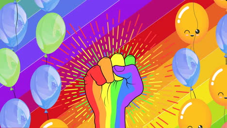 Animation-of-rainbow-fist-and-colourful-balloons-on-rainbow-background