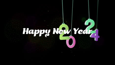 Animation-of-happy-new-year-text-with-hanging-2024-numbers-over-black-background