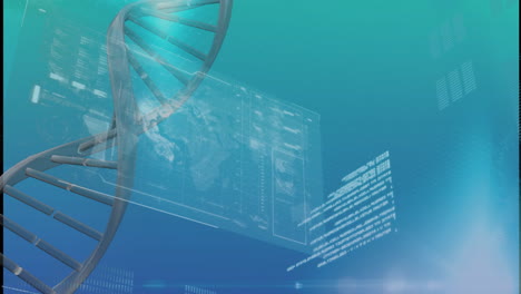 Animation-Eines-DNA-Strangs-über-Einem-Globus-Auf-Dem-Schnittstellenbildschirm-Und-Verarbeitung-Von-Daten-Auf-Blauem-Hintergrund
