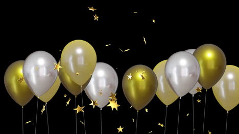 Animation-Von-Goldenen-Und-Silbernen-Luftballons-Mit-Sternen-Auf-Schwarzem-Hintergrund