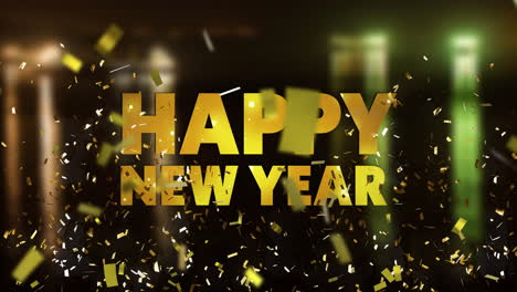 Animation-of-happy-new-year-text-and-confetti-over-cityscape-on-black-background