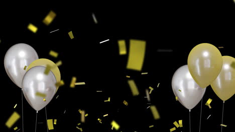 Animation-of-gold-and-silver-balloons-with-confetti-on-black-background