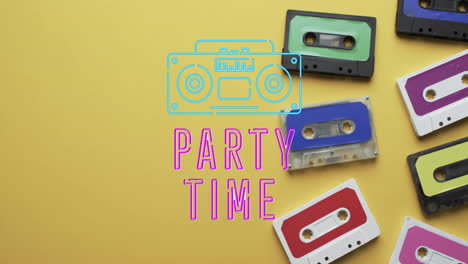 Animation-of-party-time-text-over-tape-on-yellow-background