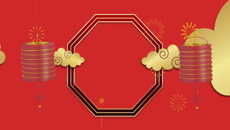 Animation-of-lanterns-and-chinese-pattern-with-copy-space-on-red-background
