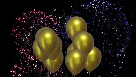 Animation-of-gold-balloons-with-fireworks-on-black-background