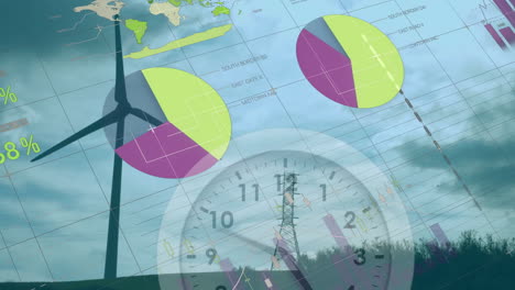 Animation-of-statistic-charts-over-wind-turbine-in-field