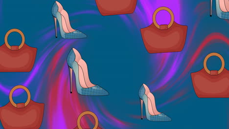Animation-of-purple-shoes-and-red-handbags-on-colourful-background