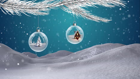 Animation-of-snow-falling-over-christmas-decorations-baubles-and-winter-scenery