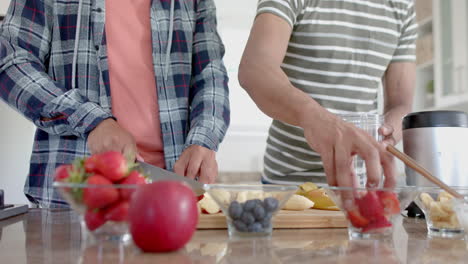 Happy-diverse-gay-male-couple-preparing-healthy-fruit-smoothie-in-kitchen,-slow-motion