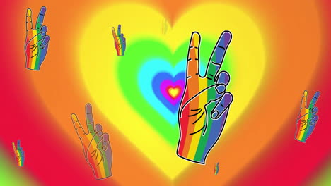 Animation-of-rainbow-hand-with-victory-gestures-and-rainbow-color-hearts-in-background