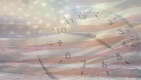 Animación-Del-Reloj-Sobre-La-Bandera-De-Estados-Unidos-Y-El-Mar.