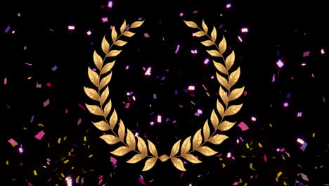 Animation-of-gold-laurel-wreath-and-falling-confetti-on-black-background