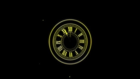 Animation-Eines-Countdowns,-Einer-Uhr,-Die-Mitternacht-Anzeigt,-Und-Lichtpunkten-Auf-Schwarzem-Hintergrund