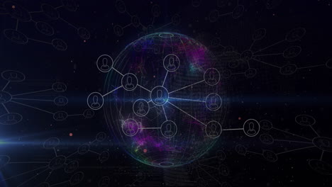Animation-of-flowcharts-of-profile-icons,-lens-flare-and-rotating-globe-against-black-background