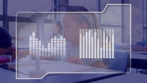 Animation-of-data-processing-on-charts-over-caucasian-girl-with-windmill-in-elementary-school-class
