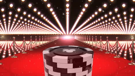 Animation-of-stack-of-poker-chips-on-red-carpet-walkway-with-flashing-lights