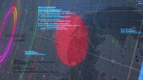 Animation-of-data-processing-and-globe-over-scope-scanning-and-fingerprint