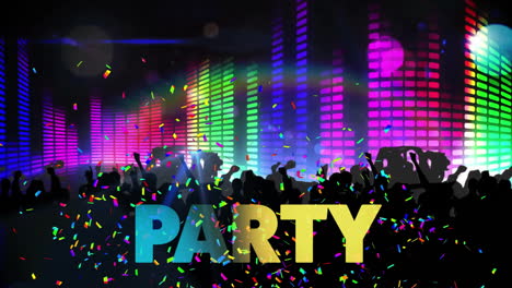 Animation-of-party-text-and-people-dancing-at-party-with-lights-on-black-background