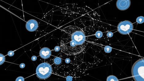 Animation-of-network-of-connections-with-icons-over-globe-on-black-background
