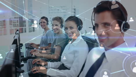 Animation-of-connected-icons,-diverse-call-center-agents-wearing-headsets-looking-at-camera