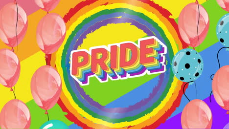 Animation-Eines-Pride-Textes-Im-Regenbogenkreis-über-Bunten-Luftballons-Auf-Regenbogenhintergrund