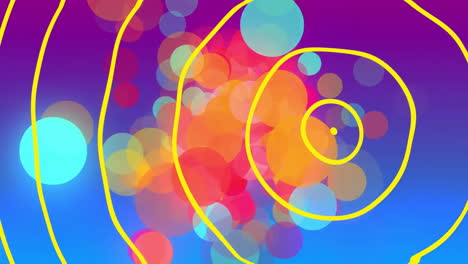 Animation-Von-Gelben-Kreisen,-Die-Sich-über-Lichtpunkte-Auf-Violettem-Hintergrund-Bewegen