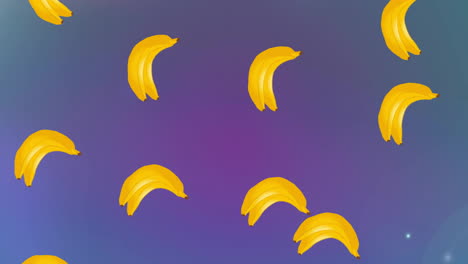 Animation-of-bunches-of-bananas-falling-over-colourful-light-spots