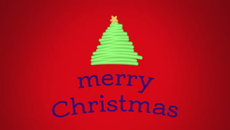 Animation-of-star-on-tree-drawing-with-merry-christmas-text-against-red-background