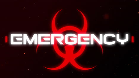 Animation-of-emergency-text-over-red-biohazard-sign-on-dark-background