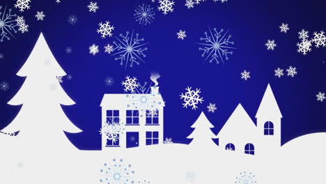 Animation-Von-Schnee,-Der-Zu-Weihnachten-über-Eine-Winterlandschaft-Auf-Blauem-Hintergrund-Fällt