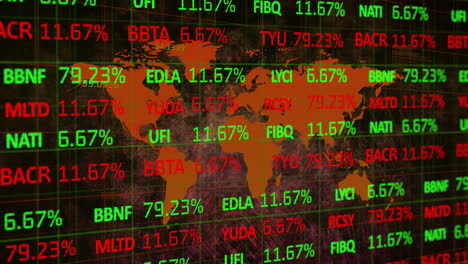 Animation-of-moving-trading-board-and-numbers-on-map-against-abstract-background