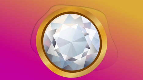 Animation-of-diamond-in-gold-circle-frame-spinning-on-yellow-to-pink-background