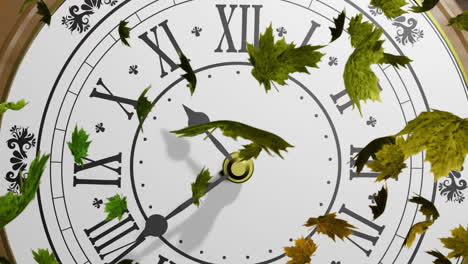 Animation-Von-Herbstblättern-über-Einer-Sich-Bewegenden-Uhr