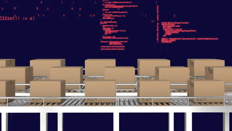 Animation-of-cardboard-boxes-on-conveyor-belts-with-computer-language-over-black-background
