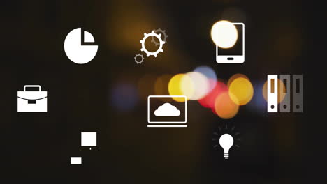 Animation-of-business-icons-over-bokeh-on-black-background