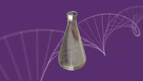 Animation-of-floating-chemistry-flasks-over-dna-chains-on-purple-background