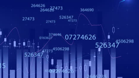 Animation-of-data-processing-over-graphs-and-charts-on-blue-background
