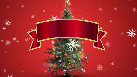 Animation-of-red-banner-with-copy-space-over-christmas-tree-on-red-background