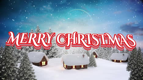 Animation-Von-Fröhlichem-Weihnachtstext-Und-Schnee,-Der-über-Häuser-In-Winterlandschaft-Fällt