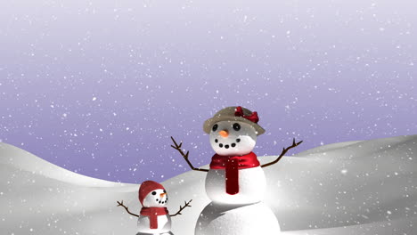 Animación-De-Nieve-Cayendo-Sobre-Muñecos-De-Nieve-En-Un-Paisaje-Invernal.